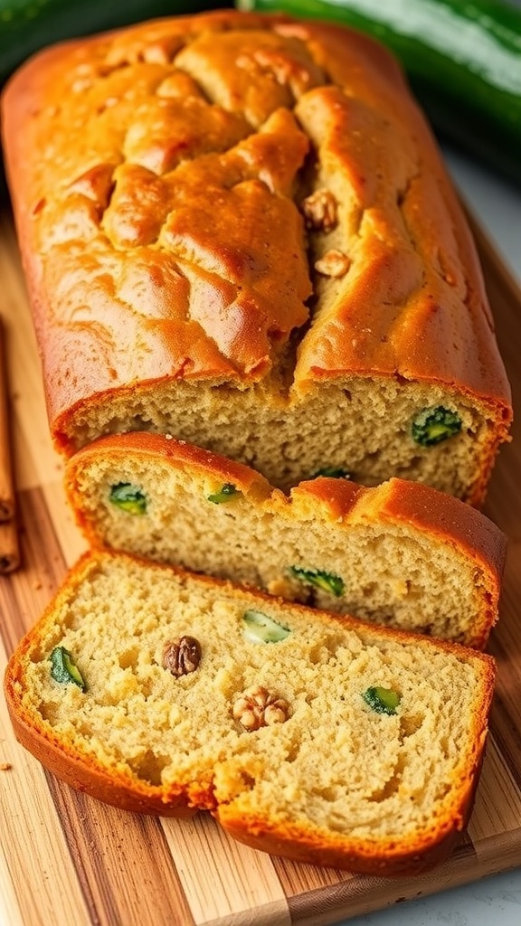 A loaf of zucchini bread sliced to show its moist texture, surrounded by fresh zucchini on a wooden board.